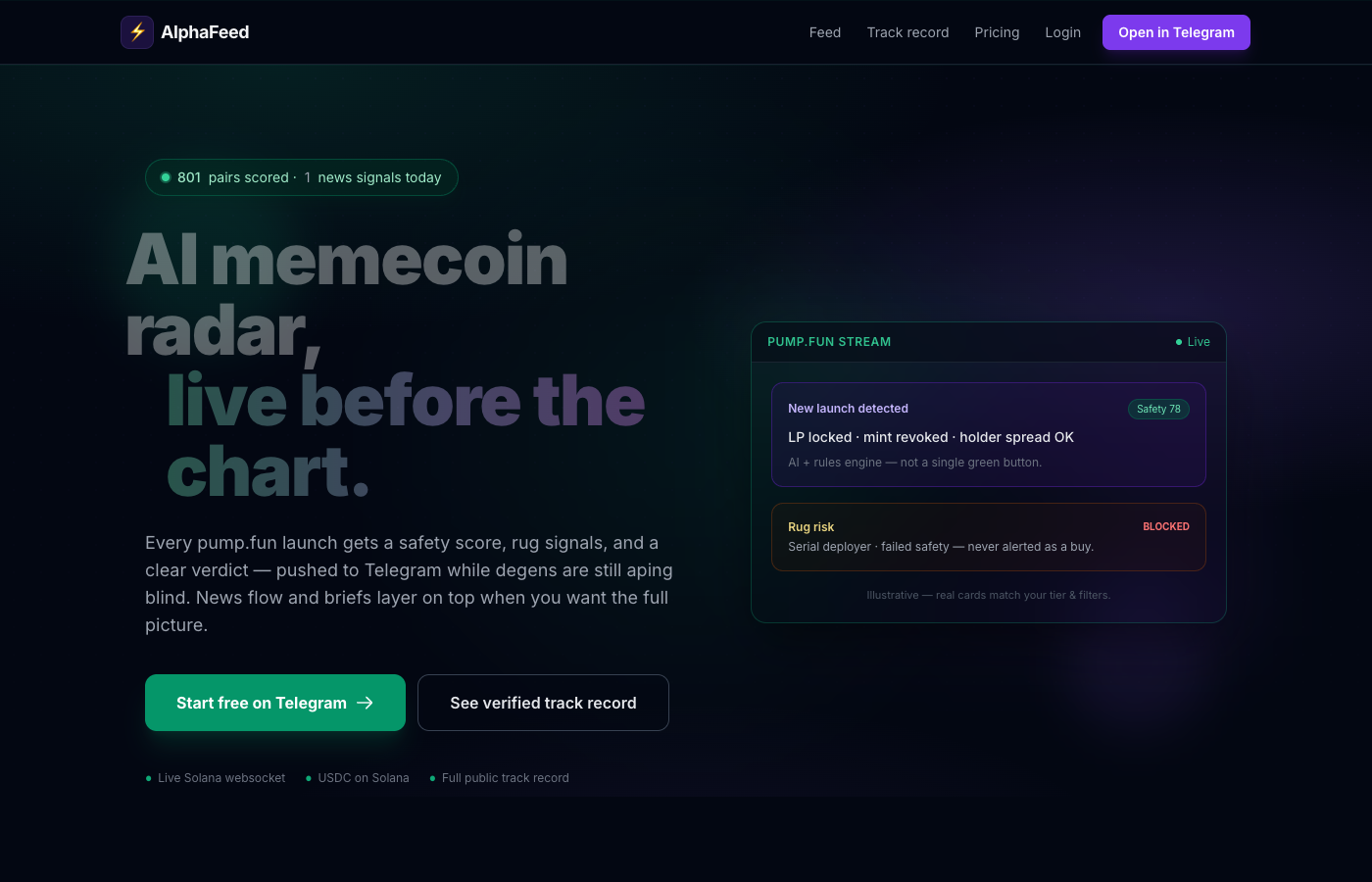 AlphaFeed home — landing page with the live alert feed and signal scoring.