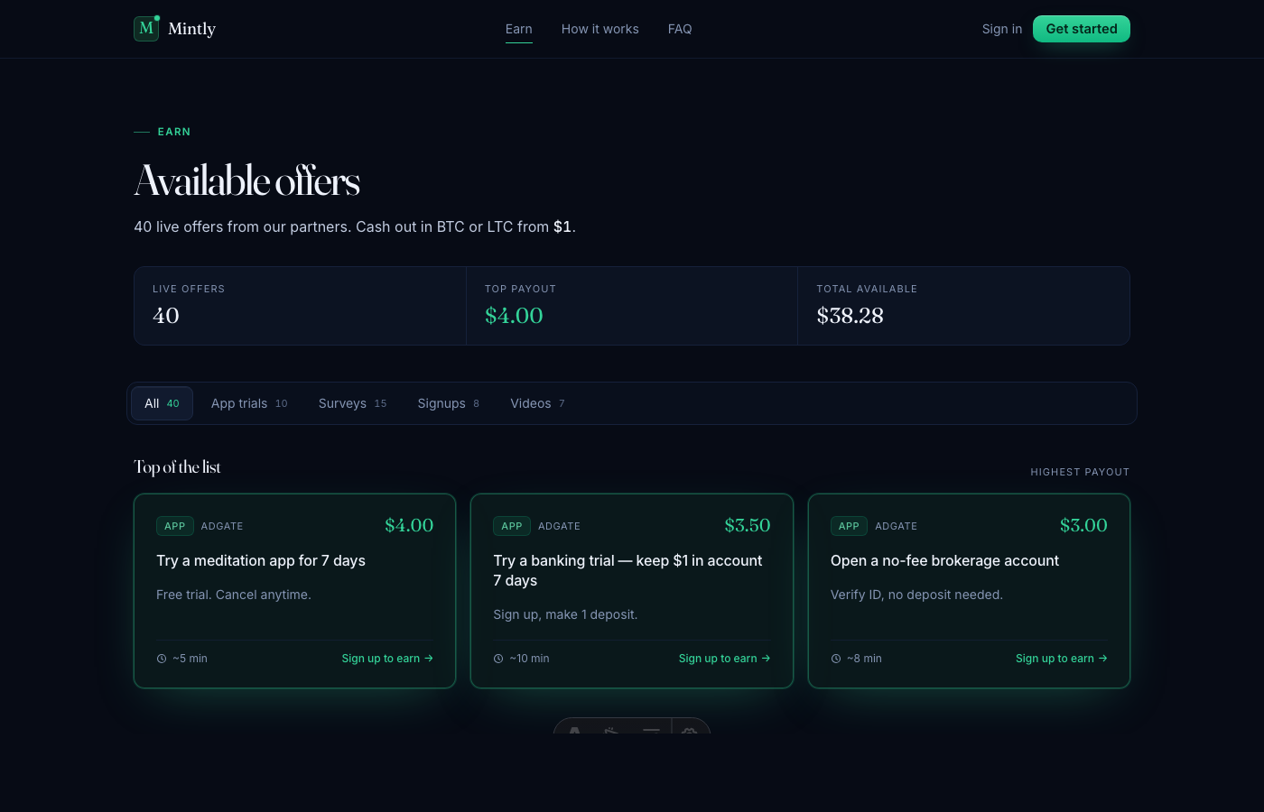Mintly earn page — stats bar, category tabs, featured row of top-payout offers, refined offer cards.