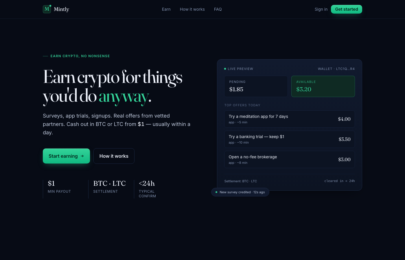 Mintly landing page — asymmetric hero with live preview panel showing top offers and balance card.