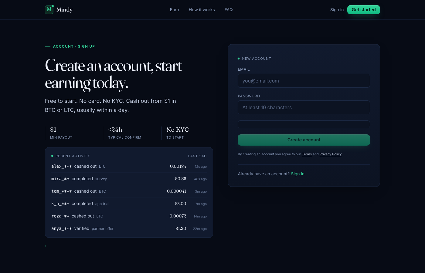 Mintly signup page — left side shows live activity feed and trust stats, right side has the form.